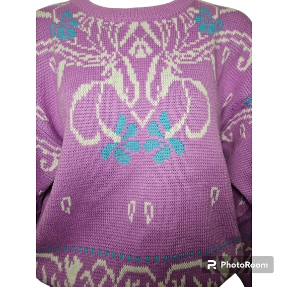 SGS Vintage 90's Ski Lilac & Teal Jaquard Print Crew Neck Woolblend Sweater Sz M - Picture 6 of 6